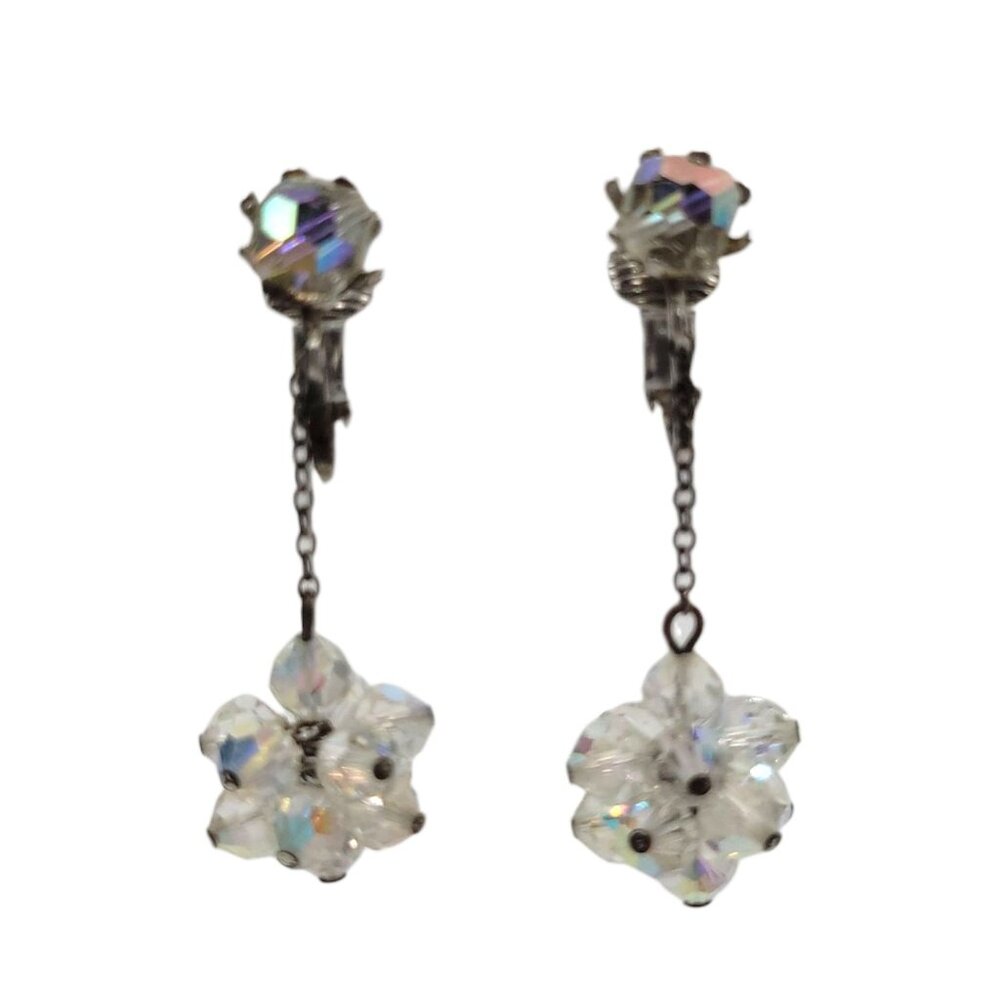 Vtg Aurora Borealis Crystal Clip-On Dangle Earrings AB Cluster Drop Statement